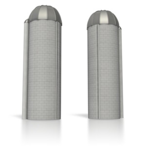 This clip art image shows two silos individually standing alone.  This image could display a concept of having an individual identity separate from another. 