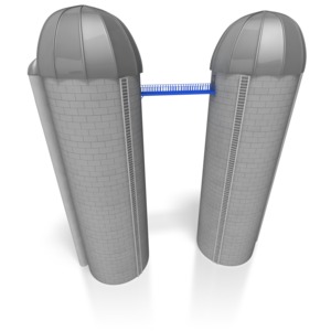 This clip art image shows two single silos connect by a bridge.