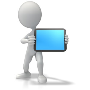 A 3d stick figure holds as a mobile tablet device.  The screen is blank so you can add your own text with PowerPoint or another software application.
