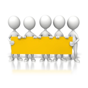 An image of a group of stick figures holding a long colored blank sign.