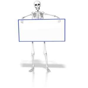 A skeleton holds a blank sign with a colored border.