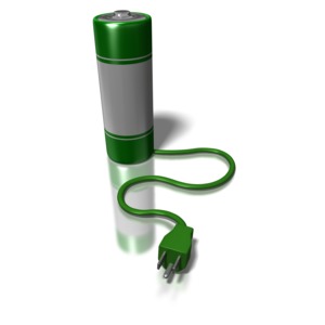A battery with a power cord coming from it. This clip-art can represent the green alternative of going with a rechargeable battery.