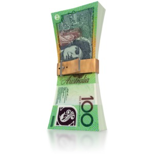 A group of Australian bills are held together with a latched belt buckle in the clip art image. This graphic displays a concept of being frugal, thrifty, tight, and careful with you finances.