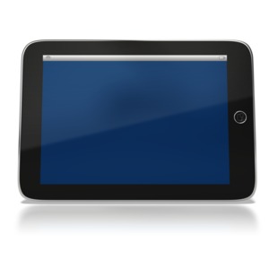 A mobile tablet computer with a blank screen.  Add your own text to the screen using PowerPoint or another software application.