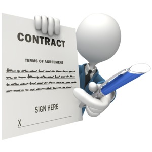 An image of a stick figure offering a pen to sign a contract.