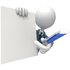 An image of a stick figure offering a pen to sign document.