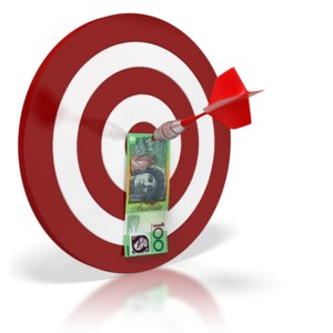 This clip art image shows a Australian 100 bill pinned to the middle of a target by a dart.  This graphic displays a concept of financial success.
