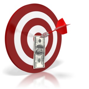 This clip art image shows a hundred dollar bill pinned to the middle of a target by a dart.  This graphic displays a concept of financial success.