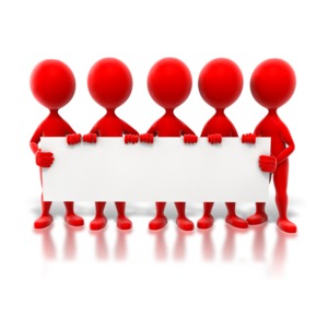 An image of a group of red stick figures holding a long blank sign.