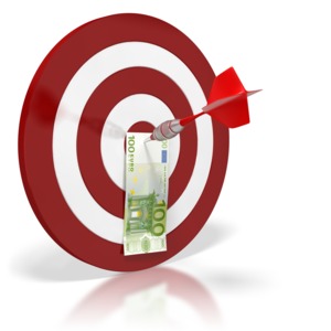 This clip art image shows a European bill pinned to the middle of a target by a dart.  This graphic displays a concept of financial success.