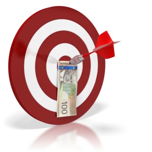 This clip art image shows a Canadian bill pinned to the middle of a target by a dart.  This graphic displays a concept of financial success.