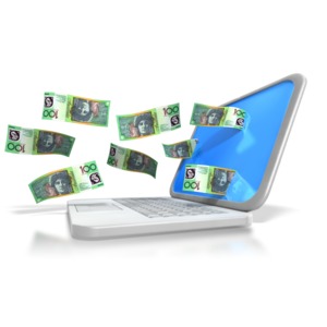 This clip art image shows Australian money coming out of or going into a laptop computer screen.  This graphic displays concepts of investing money, losing money, and financial success.