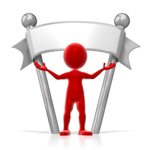 A stick figure colored stands with arms out under a banner ribbon sign on poles.