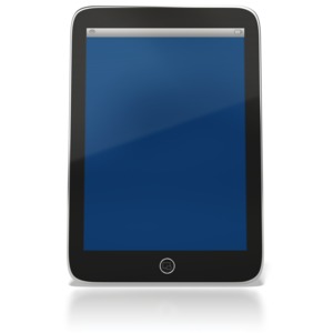 A mobile table computer sitting upright with a blank screen.  You can use PowerPoint or another software application to add your own text to the screen.