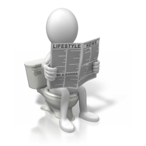 An image of a stick figure on the toilet reading newspaper.