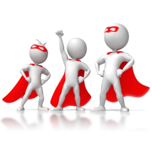 Three superhero stick figures stand in strong poses ready to do justice.