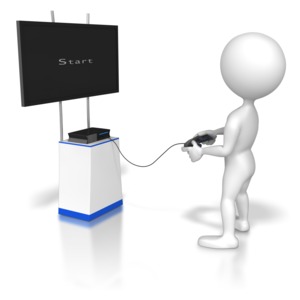 A stick figure character plays a video game system.