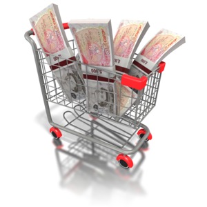 This clip art image shows British currency loaded in a shopping cart.