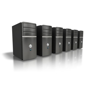 An image of a line of computer towers powered up.