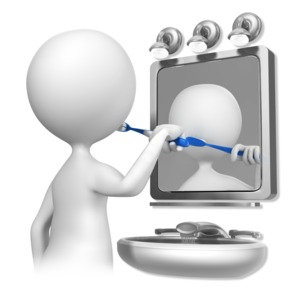 A stick figure uses a toothbrush to clean teeth.