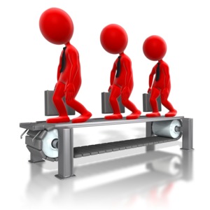 This clip art shows three business stick figures colored walking on a conveyor belt.  Can display a concept of being controlled or stuck in repetition not being able to move forward.