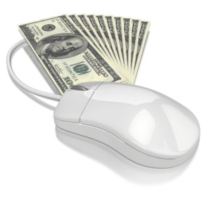 100 dollar bills under a computer mouse. This clip-art can represent using a computer to earn money