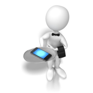 An image of a stick figure dressed as a waiter, holding a silver plate with a smart phone on it. 