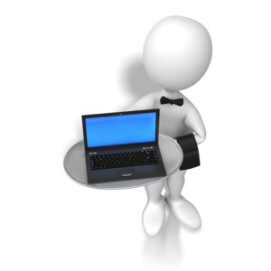 An image of a stick figure dressed as a waiter, holding a silver plate with a laptop on it. 