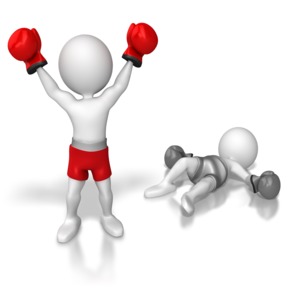 One stick figure boxer stands with arms raised in victory as another lies defeated knock out on the floor.