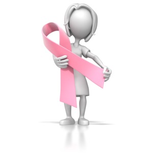 A lady stick figure holds a breast cancer awareness ribbon.