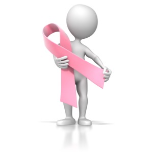A lady stick figure holds a breast cancer awareness ribbon.