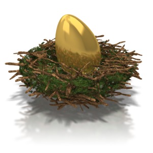 A golden egg sits in a nest of twigs and leaves. This clip-art can represent someone saving money for retirement.