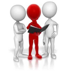 A stick figured colored shows goes over a binder with two other figures.