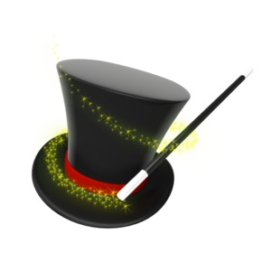 An image of a magician&#039;s hat with a wand and glowing sparkles.