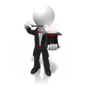 An image of a magician holding a wand waving it over a hat.