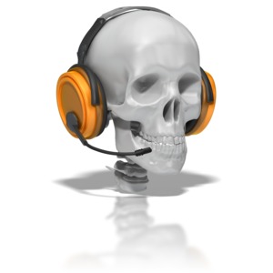 A human skull wears a headset with mic. This clip-art can represent customer service turn-around time problems.