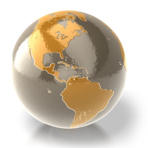 A shiny stylized gold colored earth.