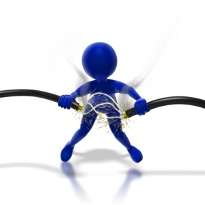 This image is of a stick figure being shocked by a damaged wire.