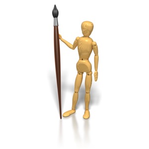 An artist mannequin poses holding a paint brush.