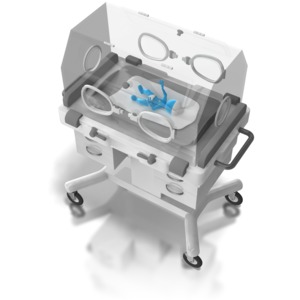 This clip art image shows a preemie baby in a isolated incubator.