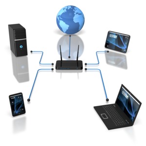 This clip art shows many computing devices connected to a wireless modem/router and sent out to the world.