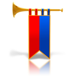 An image of a trumpet with a colored banner.
