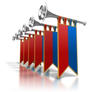 An image of a group of silver trumpets with colored banners.