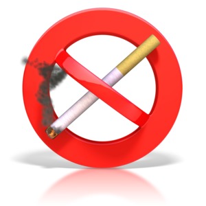 This clip art image shows a cigarette in a prohibited symbol symbolizing no smoking.