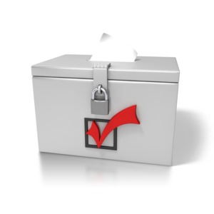 A locked ballot box with a paper ballot being inserted in the top.