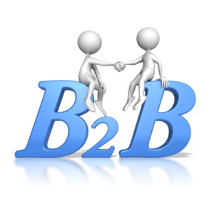 This clip art image shows two stick figure sitting on the the abbreviation of Business to Business shaking hands.