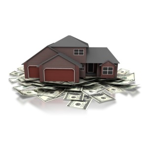 An image of a house sitting on a pile of cash.