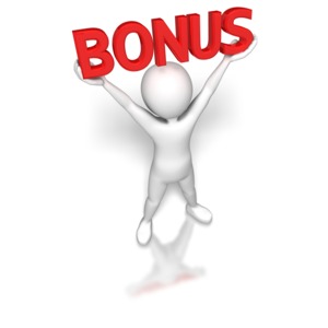 A stick figure proudly holds up the word bonus.