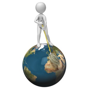 A stick figure uses a mop to clean-up the world.