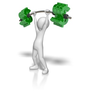 A stick figure lifts a barbell with dollar weights above it&#039;s head.